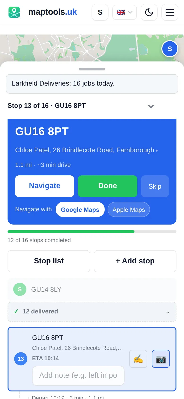 A driver's phone: the next stop with Navigate, Done and Skip, and 6 of 16 stops completed