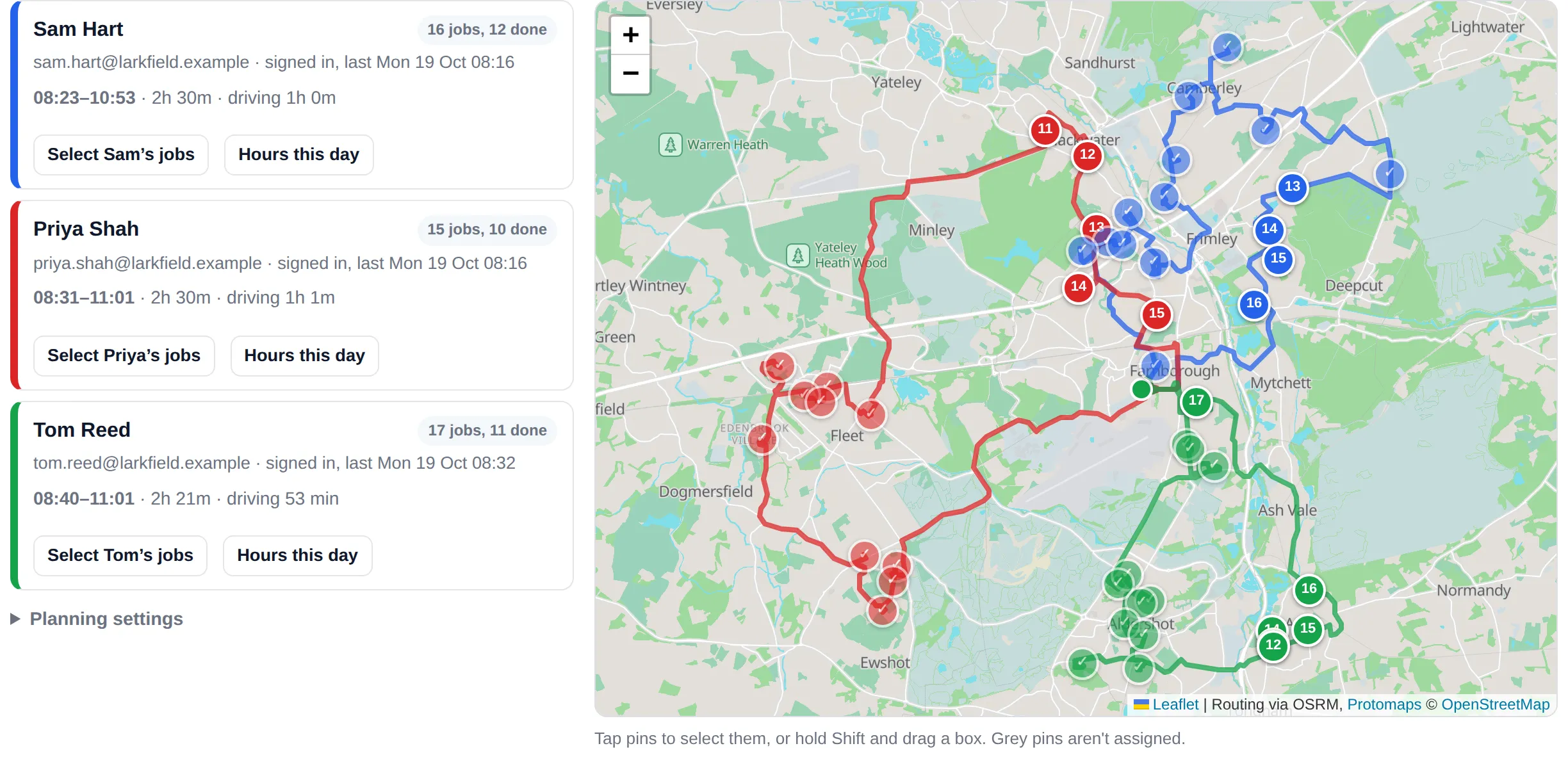 The office view: three drivers' rounds on the map, each card showing how many jobs are done