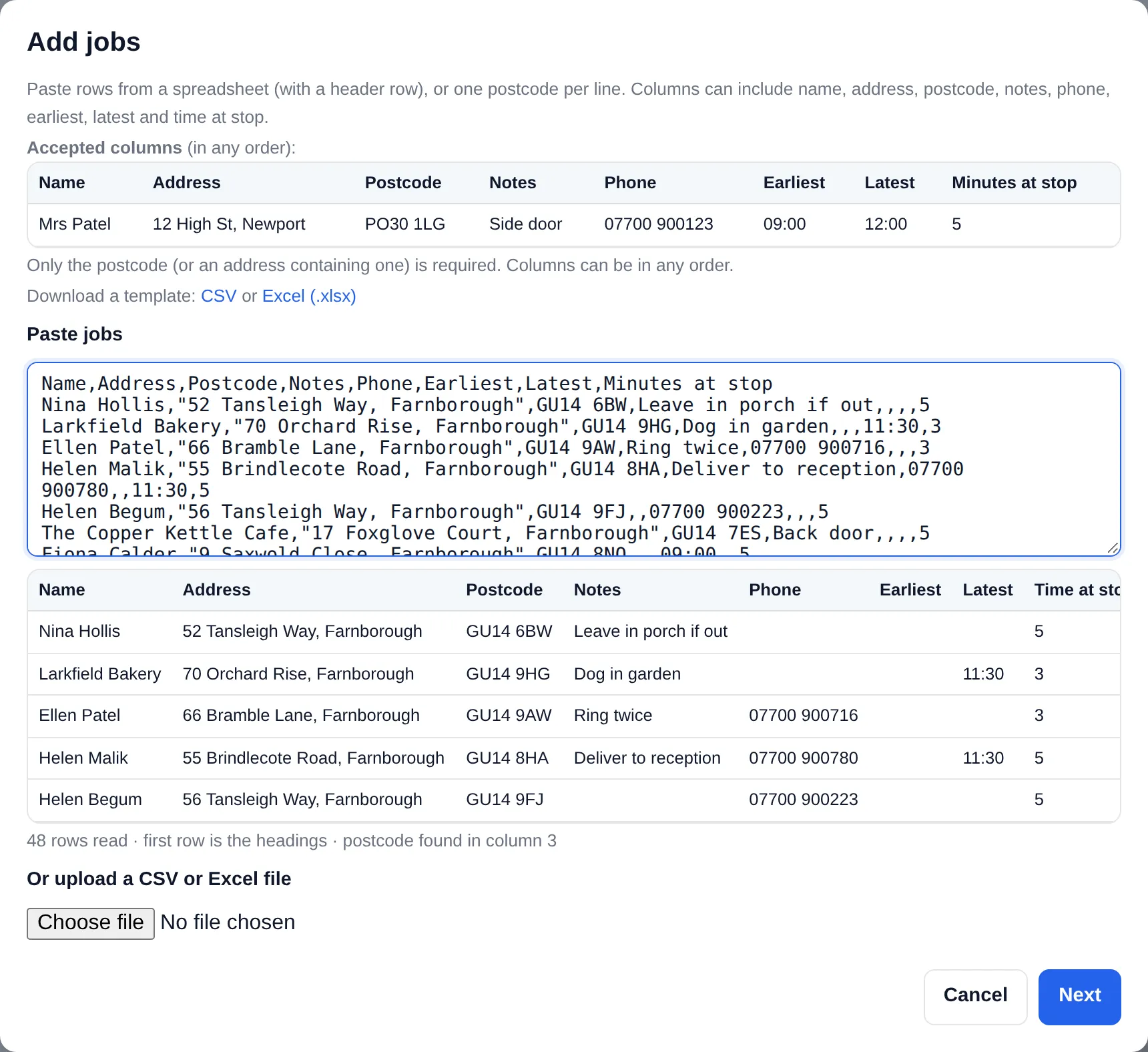 Add jobs: 48 rows pasted from a spreadsheet, with a preview of the columns