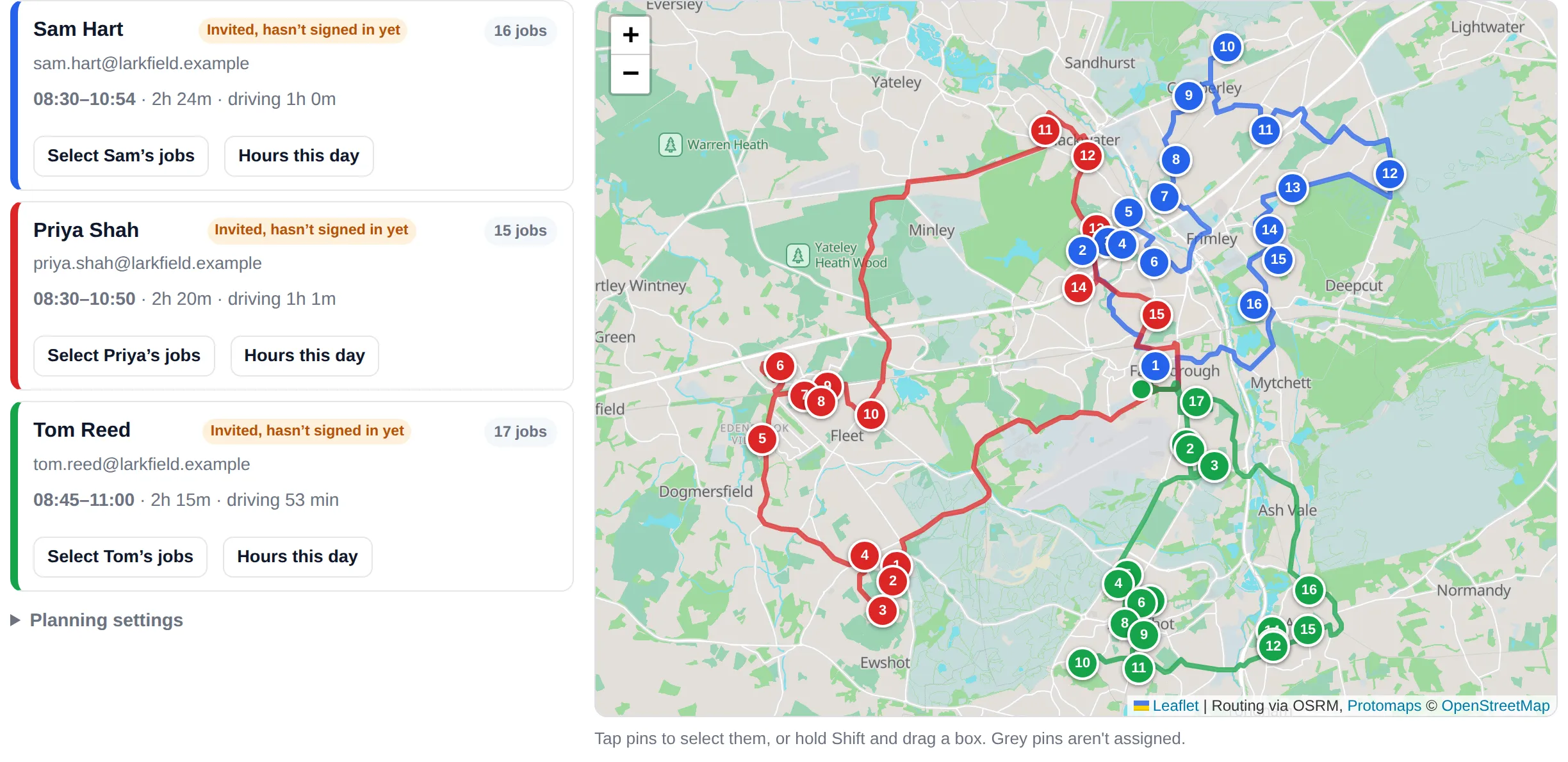 48 jobs split between three drivers, each round in its own colour on the map